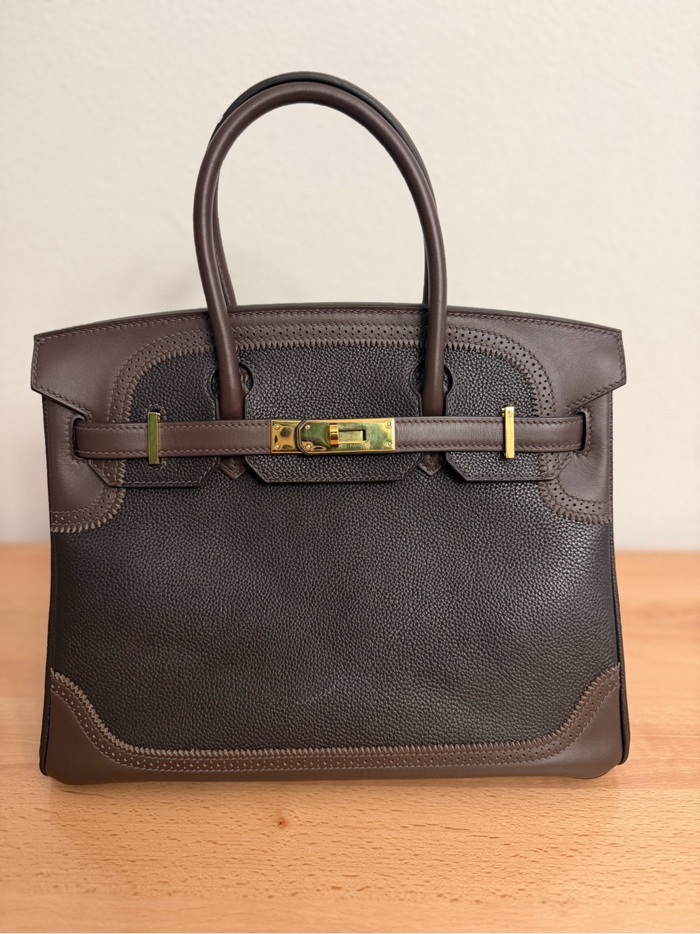 HANDMADE IMPORTED CHOCOLATE BROWN TOGO PLATED GHW SWIFT GHILLES 30 BIRKIN